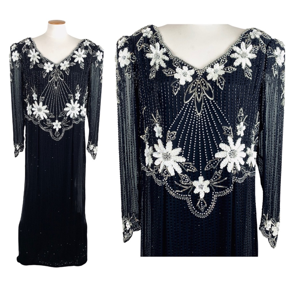 90s Landa Vintage Beaded and Sequined Floral Formal Gown Black Size Large